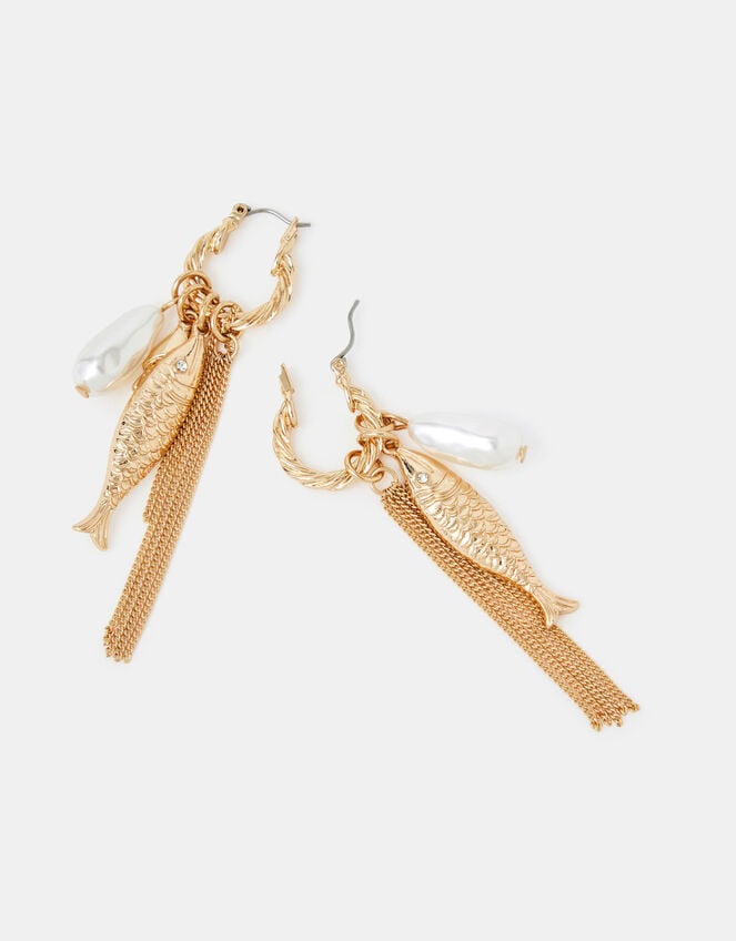 Fish Charm Twisted Huggie Hoop Earrings, , large