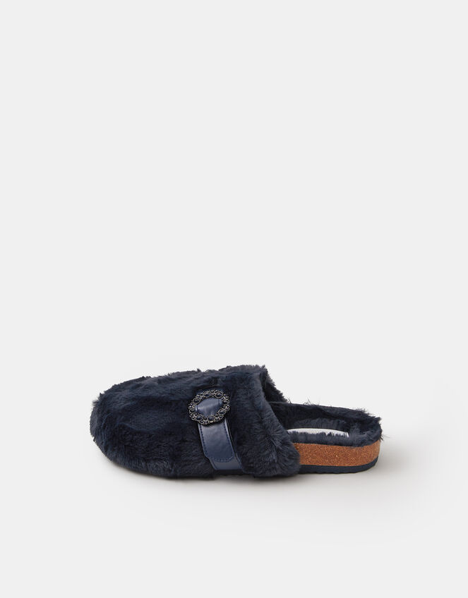 Sparkle Buckle Faux Fur Slippers, Blue (NAVY), large