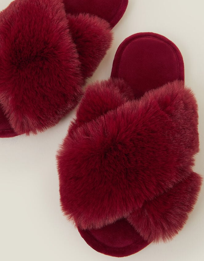 Cross Strap Faux Fur Slide Slippers, Red (RED), large