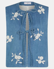 Floral Embroidered Denim Waistcoat, Blue (BLUE), large