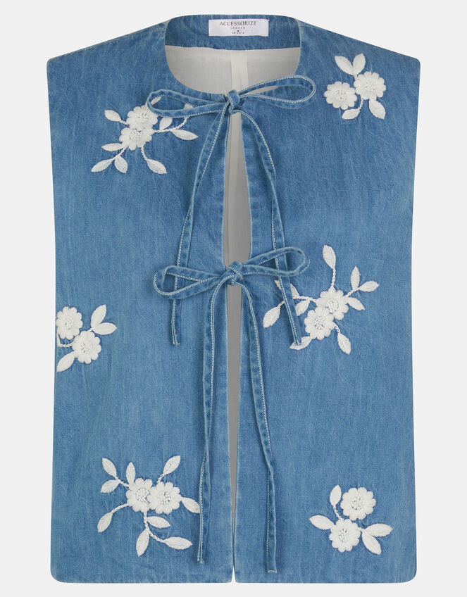 Floral Embroidered Denim Waistcoat, Blue (BLUE), large