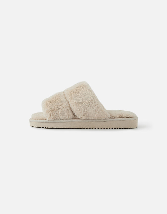 Platform Faux Fur Double Band Sliders, Natural (NATURAL), large