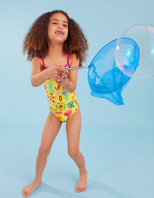 Girls Sunshine Print Swimsuit with Recycled Polyester, Yellow (YELLOW), large