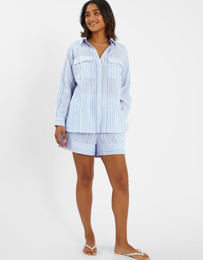 Stripe Beach Cover Up Shirt, Blue (BLUE), large