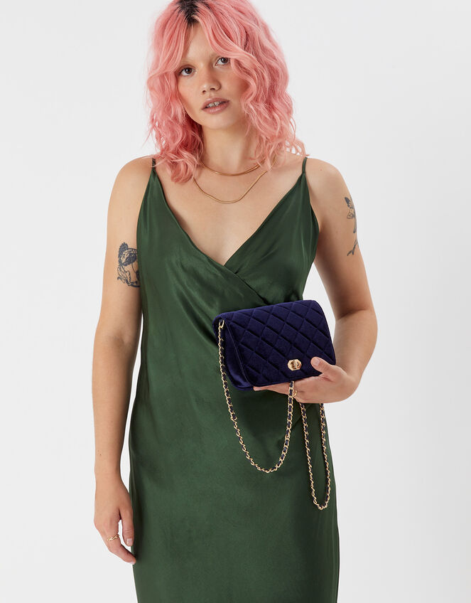 Quilted Velvet Cross-Body Bag, Blue (NAVY), large