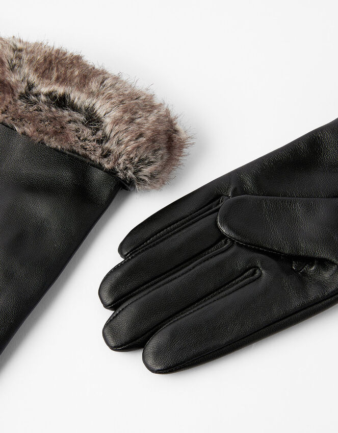 Leather and Faux Fur Gloves, Black (BLACK), large