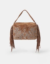 Embroidered Fringe Suede Bag, , large