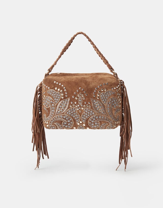 Embroidered Fringe Suede Bag, , large