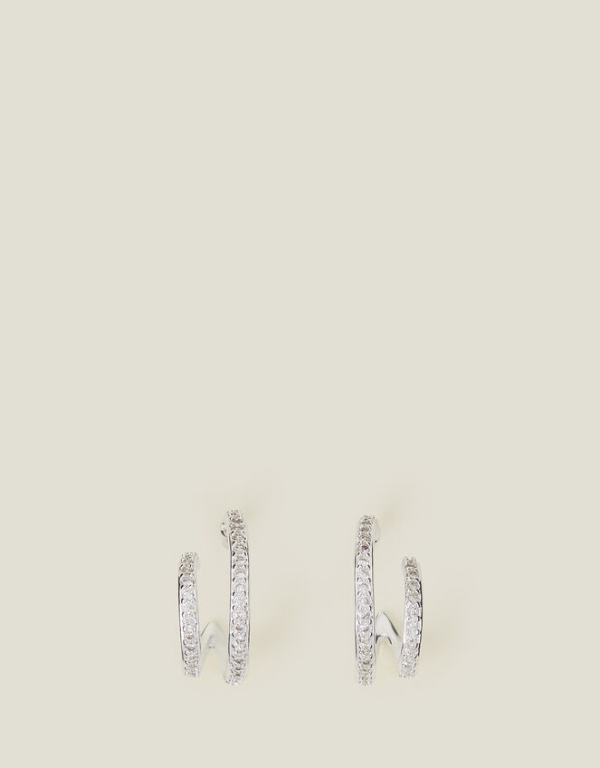 Sterling Silver-Plated Double Sparkle Hoops, , large
