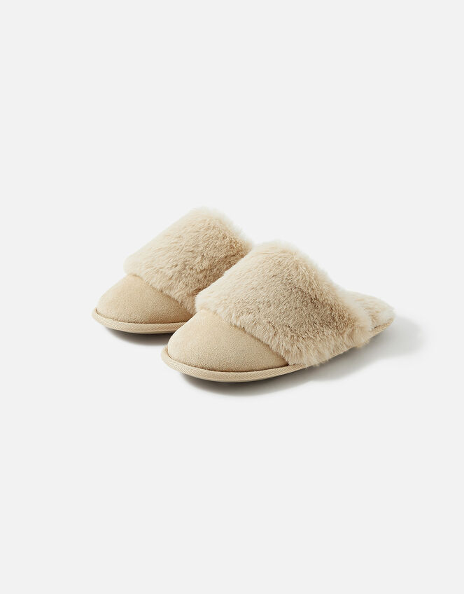 Wide Band Faux Fur Mule Slippers, Camel (CAMEL), large