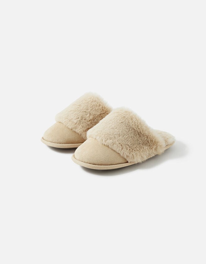 Wide Band Faux Fur Mule Slippers, Camel (CAMEL), large