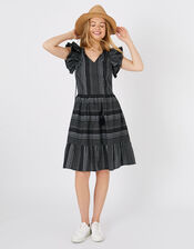 Frill Shoulder Dress in Pure Cotton, Black (BLACK WHITE), large
