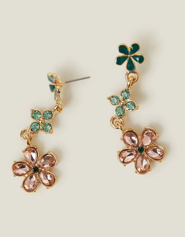 Triple Gem Flower Drop Earrings, , large