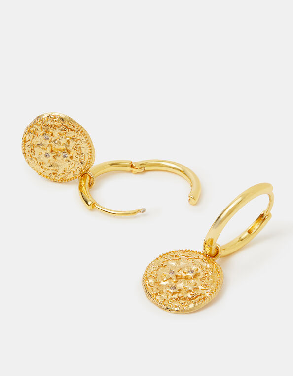 14ct Gold-Plated Celestial Coin Charm Hoop Earrings, , large