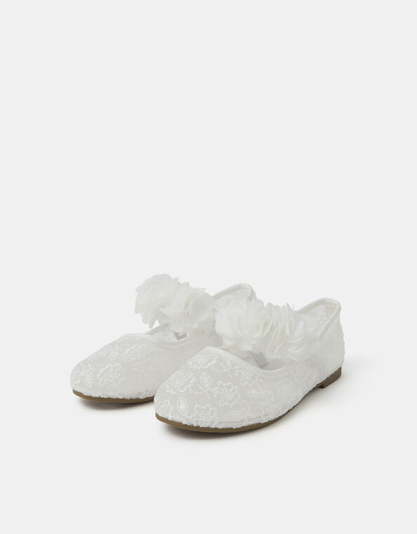 Girls Mesh Lace Flower Strap Ballet Flats, Ivory (IVORY), large