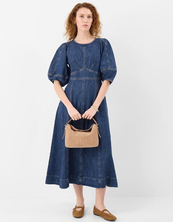 Puff Sleeve Denim Midi Dress, Blue (BLUE), large