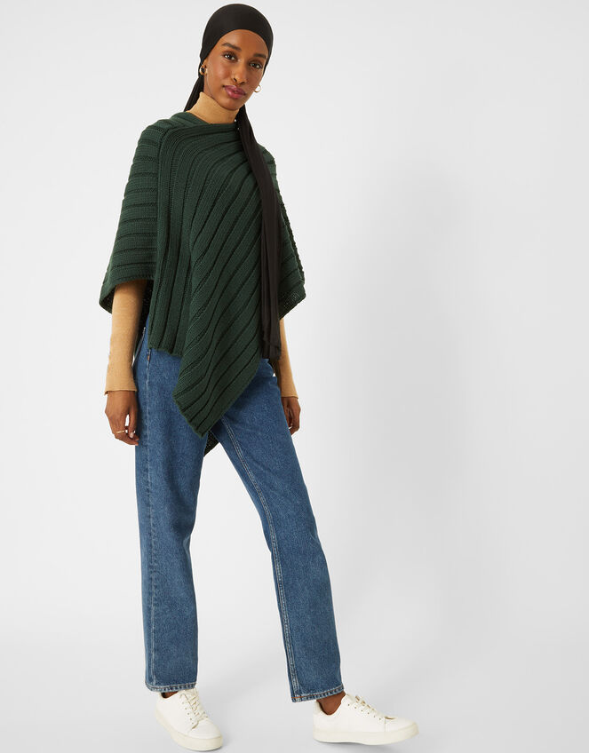 Rib Knit Poncho, Green (GREEN), large