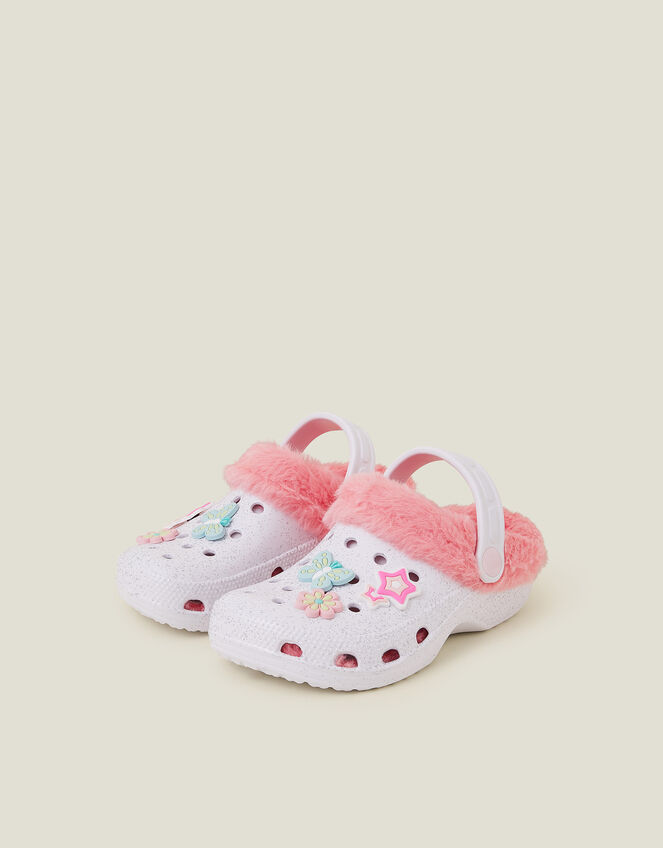 Girls Faux Fur Lined Glitter Rubber Clogs, White (WHITE), large