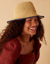 Stripe Trim Straw Bucket Hat, , large
