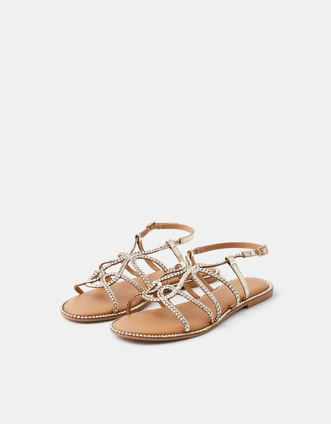 Metallic Braided Leather Sandals, Gold (GOLD), large