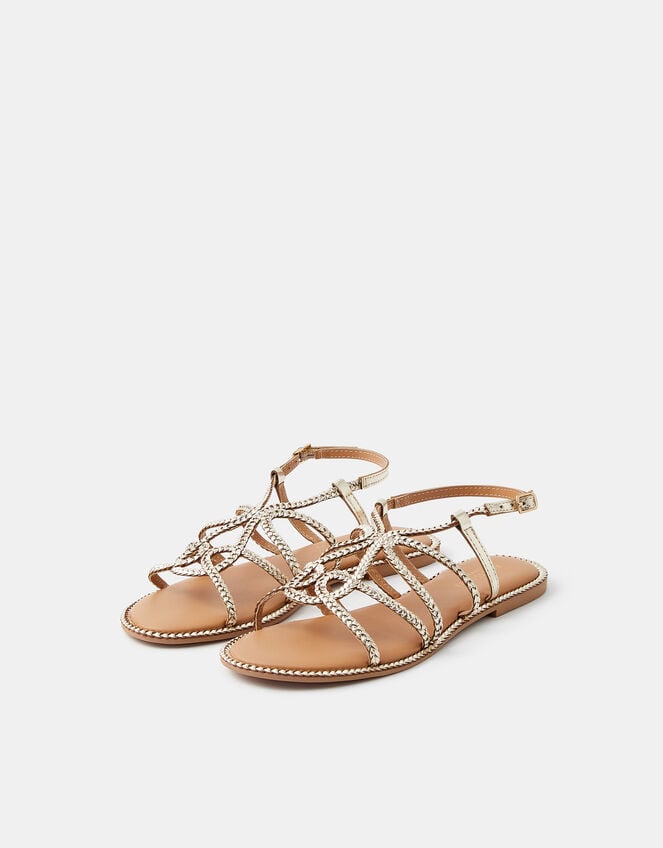 Metallic Braided Leather Sandals, Gold (GOLD), large