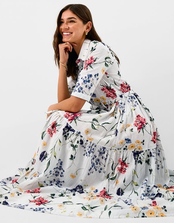 Floral Print Belted Maxi Dress, Ivory (IVORY), large