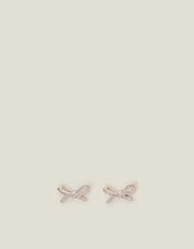 Sterling Silver-Plated Diamante Bow Stud Earrings, , large