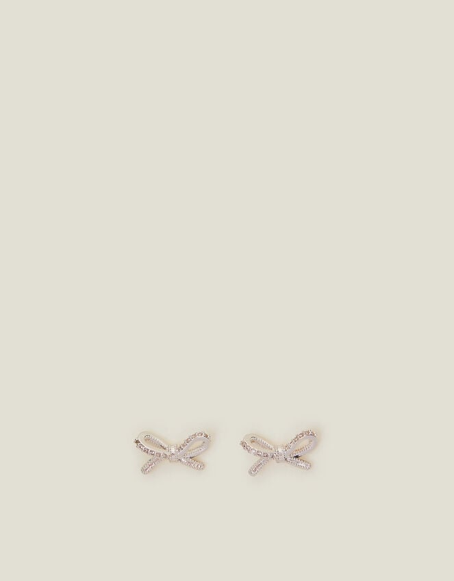 Sterling Silver-Plated Diamante Bow Stud Earrings, , large