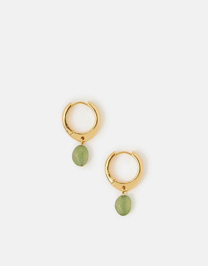 14ct Gold-Plated Green Aventurine Drop Hoop Earrings, , large