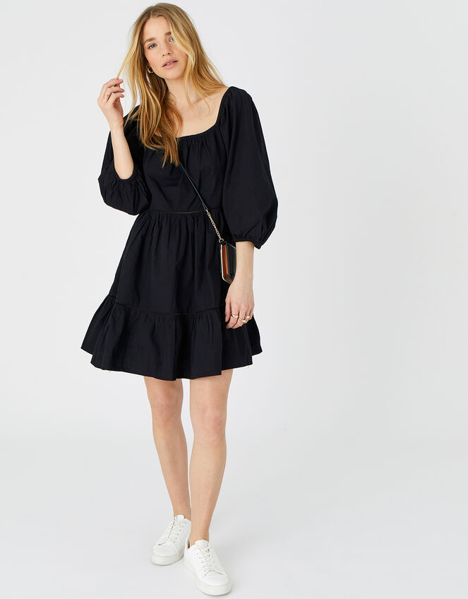 Puff Sleeve Dress in Organic Cotton, Black (BLACK), large