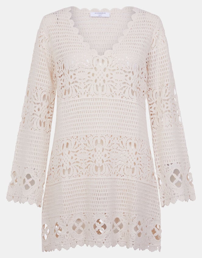 Crochet Long Sleeve Cover Up, Natural (NATURAL), large