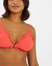 Frilly Seersucker Triangle Bikini Top, Orange (CORAL), large