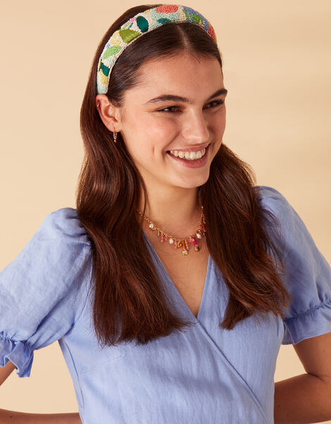 Embroidered and Beaded Floral Headband, , large