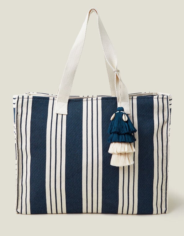Large Stripe Beach Bag, Blue (NAVY), large