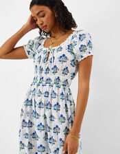 Floral Print Puff Sleeve Midi Dress, Ivory (IVORY), large