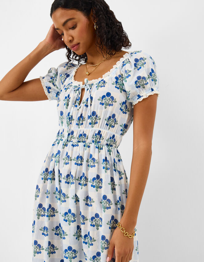 Floral Print Puff Sleeve Midi Dress, Ivory (IVORY), large