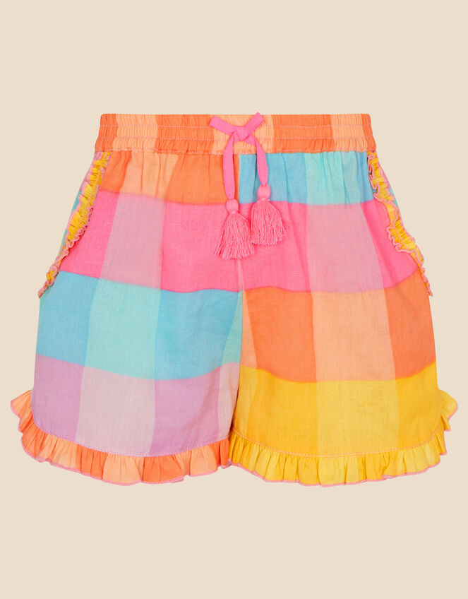 Girls Ruffle Trim Check Shorts , Multi (BRIGHTS-MULTI), large