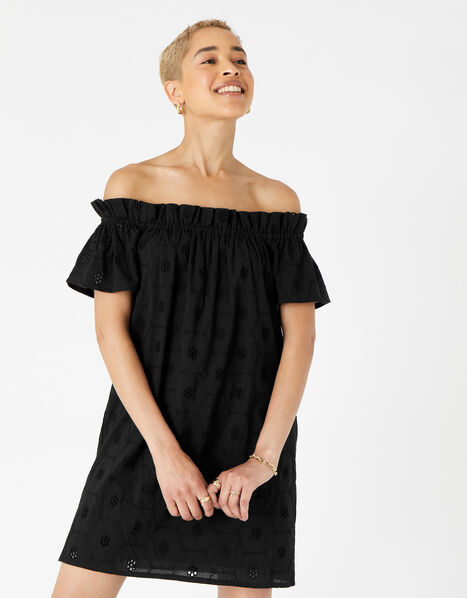 Schiffli Bardot Dress in Organic Cotton Black, Black (BLACK), large
