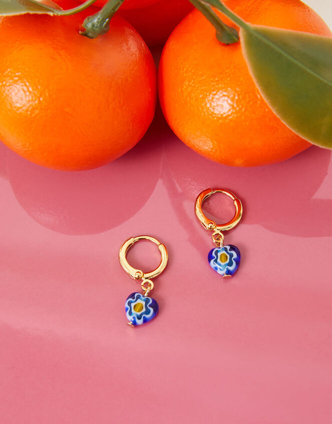 14ct Gold-Plated Murano Glass Heart Huggie Hoops, Blue (BLUE), large