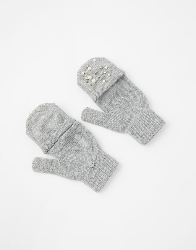 Pearl and Crystal Capped Knit Gloves, Grey (GREY), large