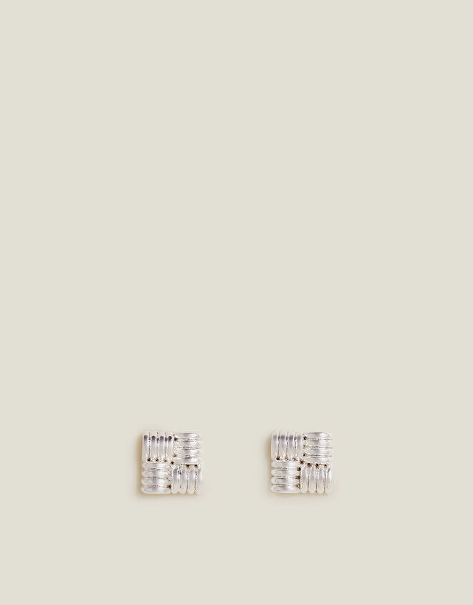 Sterling Silver-Plated Ridge Square Stud Earrings, , large