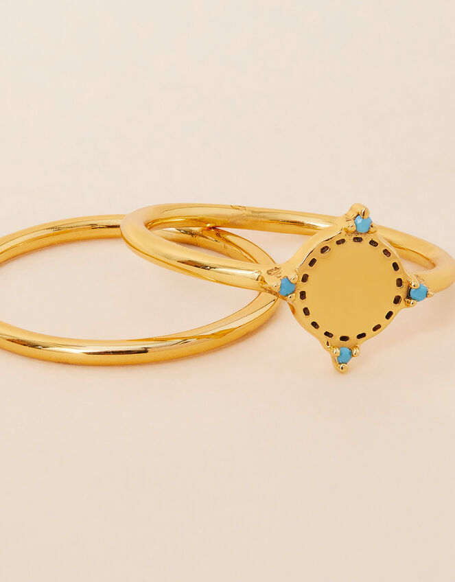 14ct Gold-Plated Plain and Circle Ring Set of Two, Blue (TURQUOISE), large