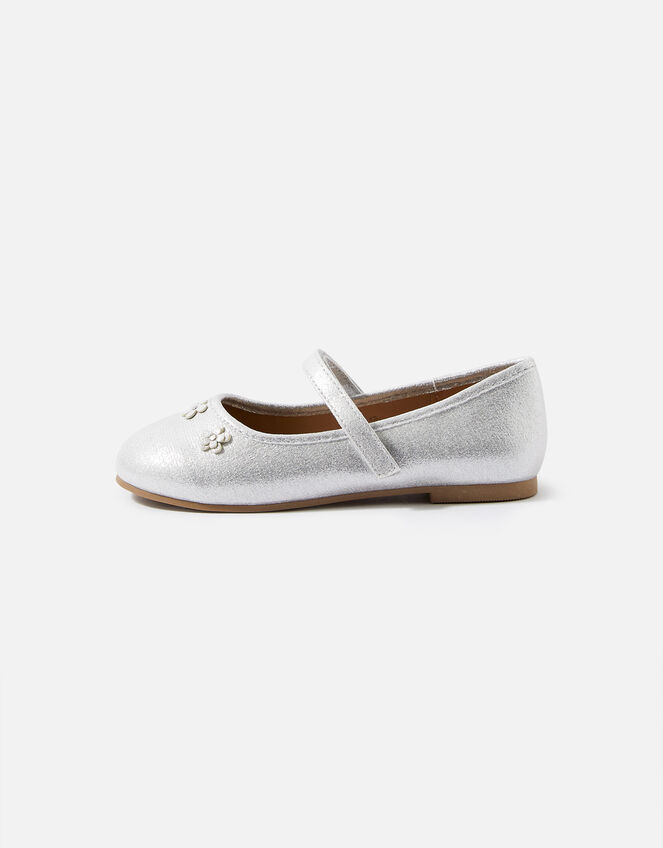 Girls Flower Ballerina Flats, Silver (SILVER), large