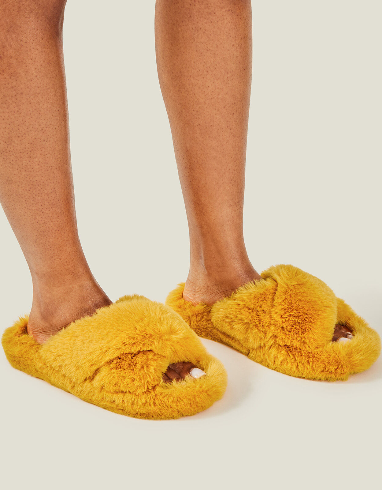 Faux Fur Crossover Sliders Yellow