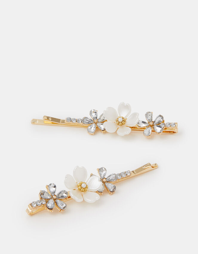 2-Pack Girls Diamanté Flower Hair Slides, , large