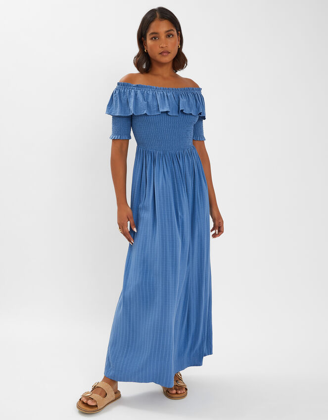 Off-The-Shoulder Smocked Maxi Dress, Blue (BLUE), large