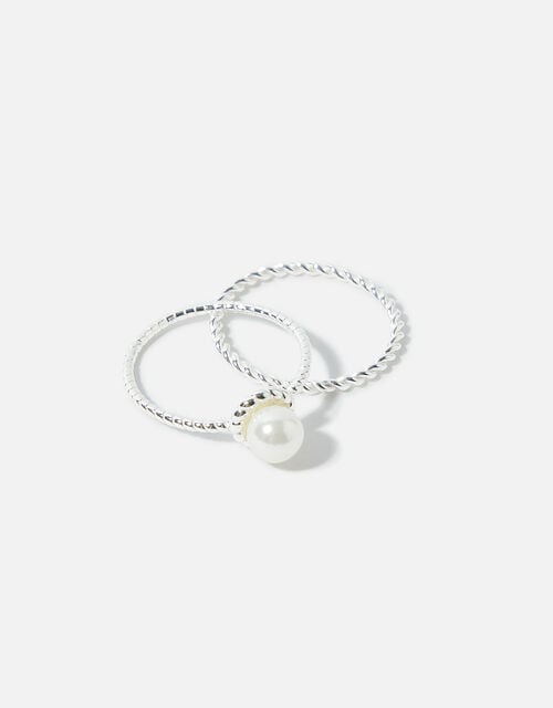 Sterling Silver Pearl Rope Ring Twinset, Cream (PEARL), large