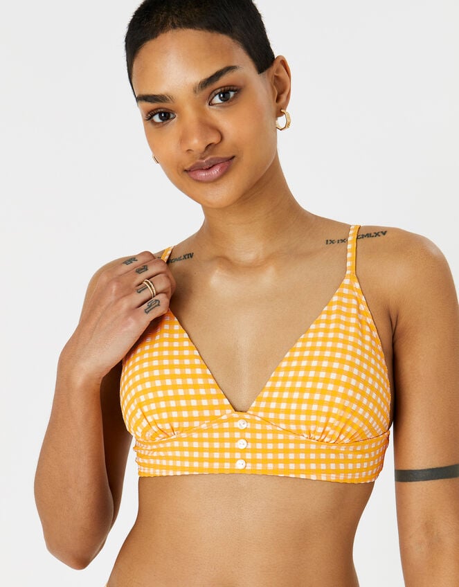 Gingham Button Bikini Crop Top, Orange (ORANGE), large