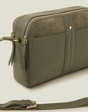 Double Zip Leather Cross-Body Bag, Green (KHAKI), large