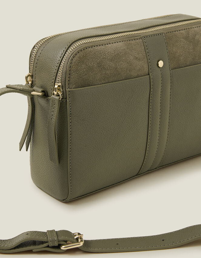 Double Zip Leather Cross-Body Bag, Green (KHAKI), large